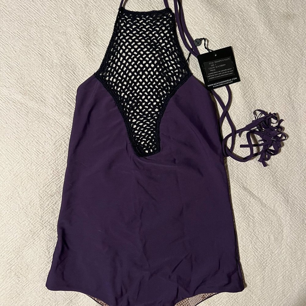 NWT - ACACIA One Piece Swimsuit, SMALL, Blackberry - CROCHET Neck detail